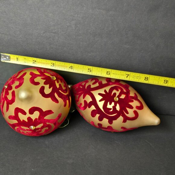 Frontgate Red Velvet Flocked Glass Ornaments Set 4" & 5" Gold Holiday Decor - Picture 7 of 7